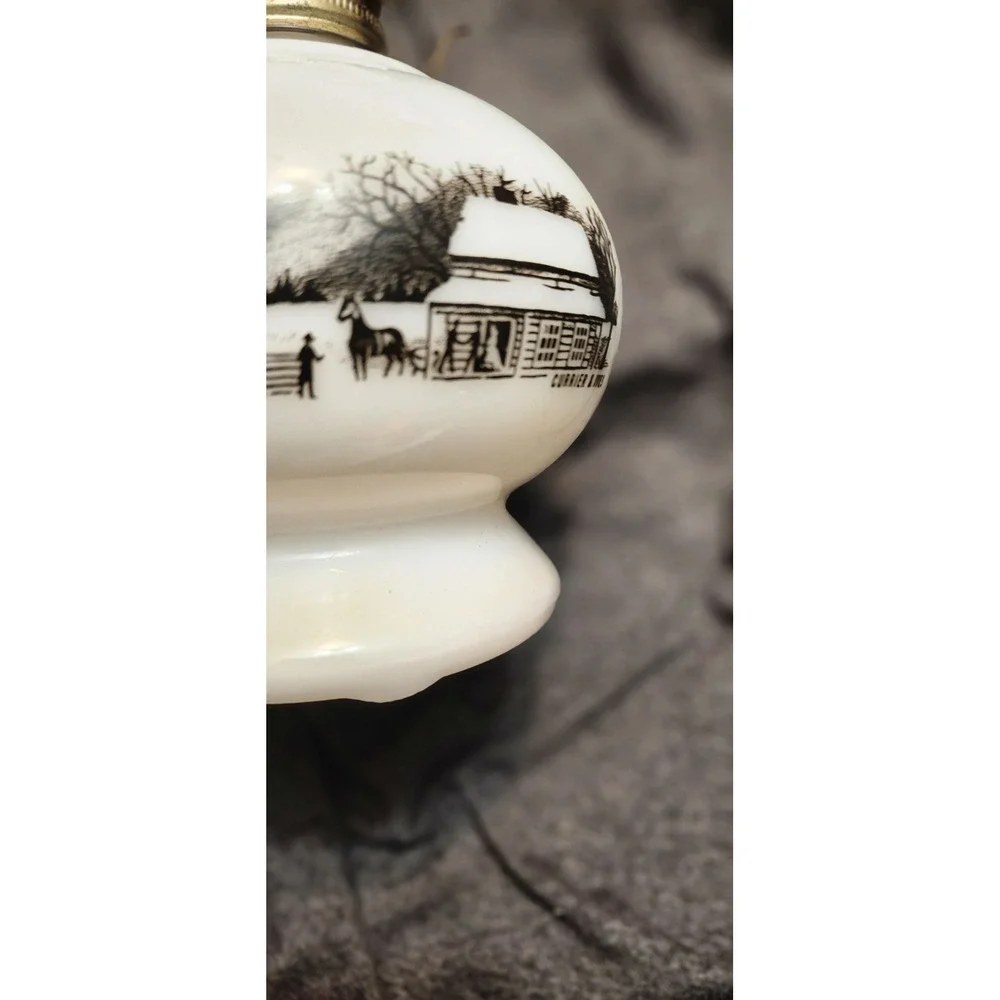 Vintage Currier & Ives Milk Glass Lantern Base Horses Farm Homestead  Rare